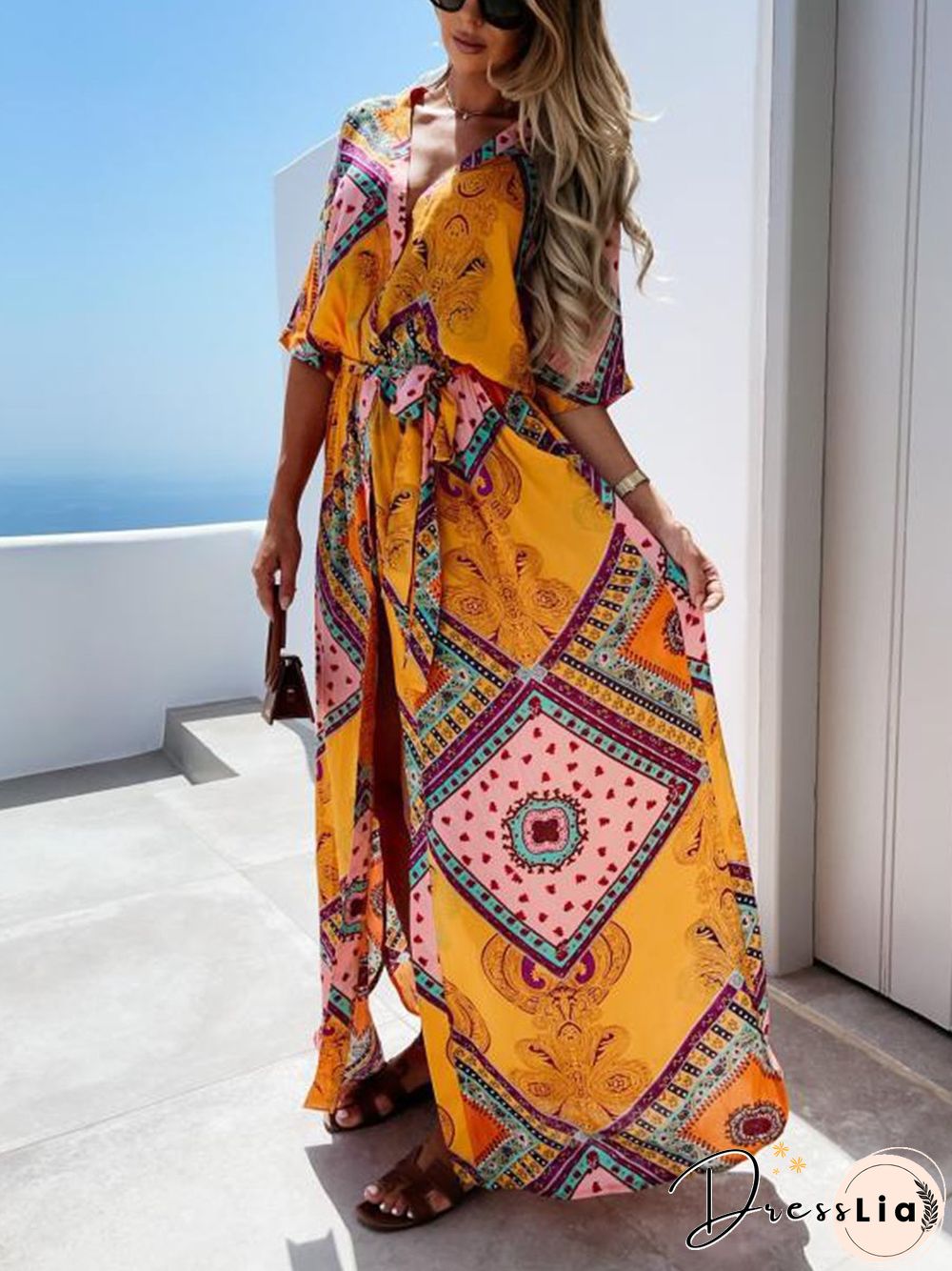 Bohemian Print V-neck Maxi Dress P10299
