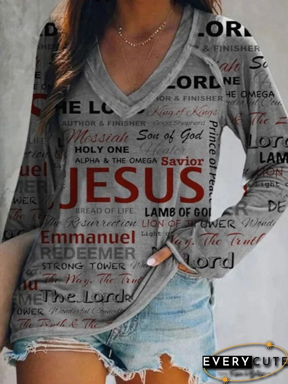Vintage Letters Jesus Printed V Neck Long Sleeves Plus Size Casual Sweatshirts