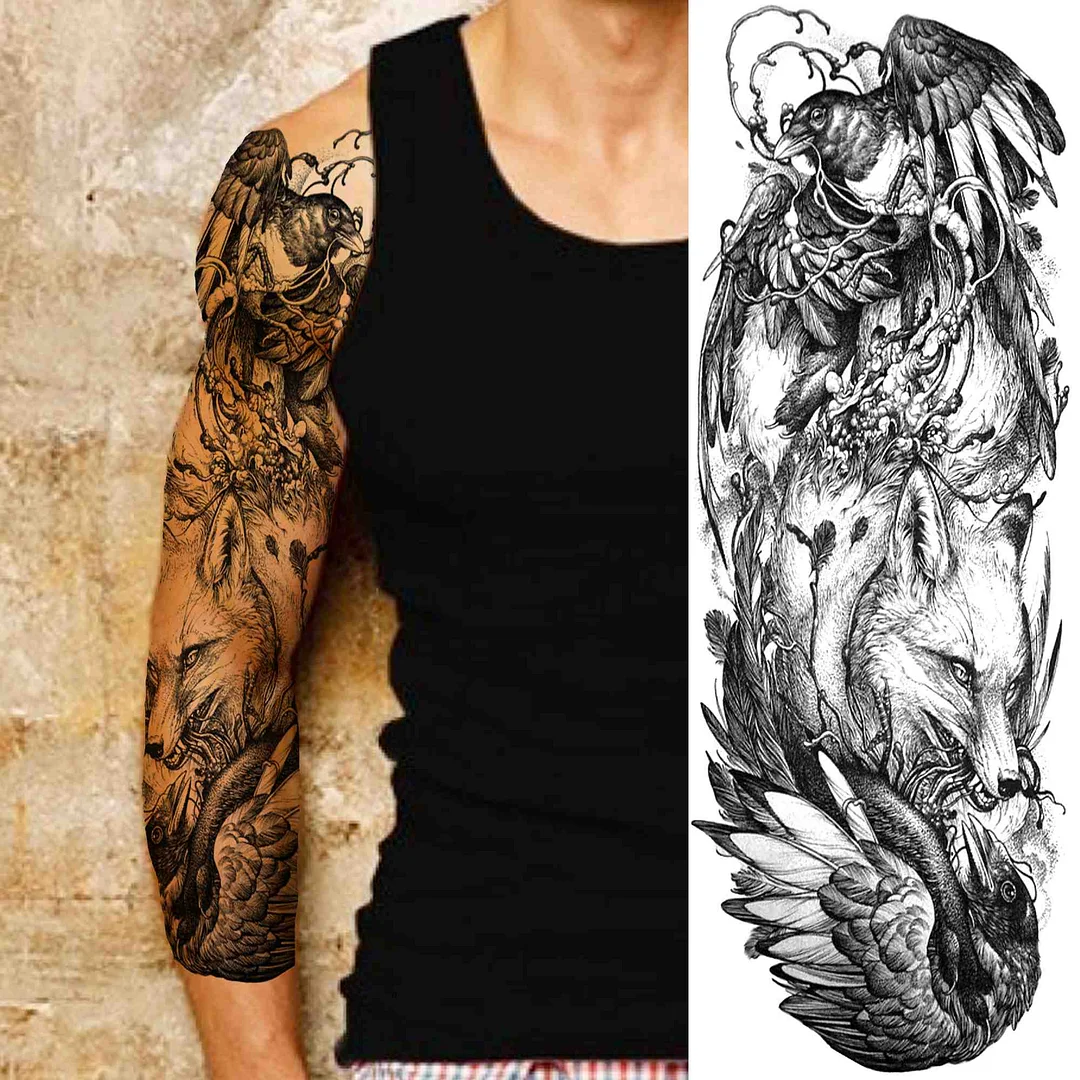 Tribal Totem Temporary Tattoo Sleeve For Men Women Adult Fake Flower Shoulder Tatoos Sticker Black Skull Tattoos Big Full Arm
