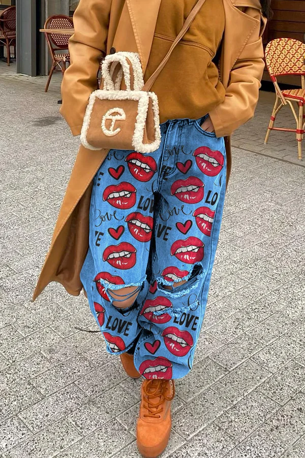 Casual High-waist Printed Straight-leg Jeans