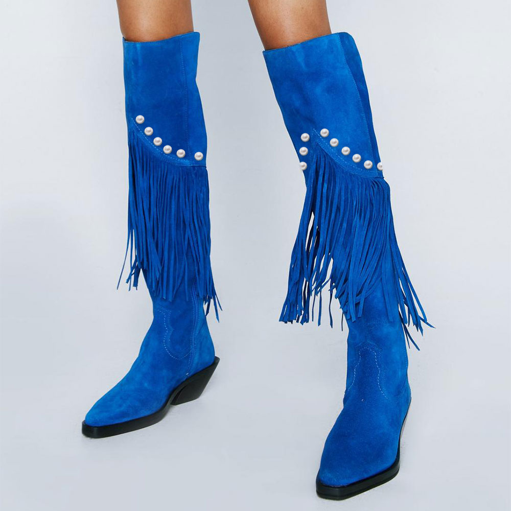 Blue Suede  Knee Boots Pearl Tassel Decor Knee High Cowgirl Boots