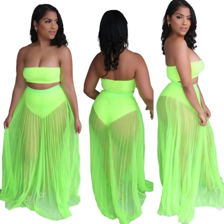 CM.YAYA Women Mesh See Though Two Piece Set Sexy Beach Strapless Tops and Pleated Maxi Skirts Matching Set Summer Outfits