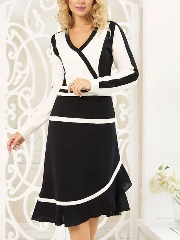 Black and white dress, classic style midi dress with long sleeves and v-neck