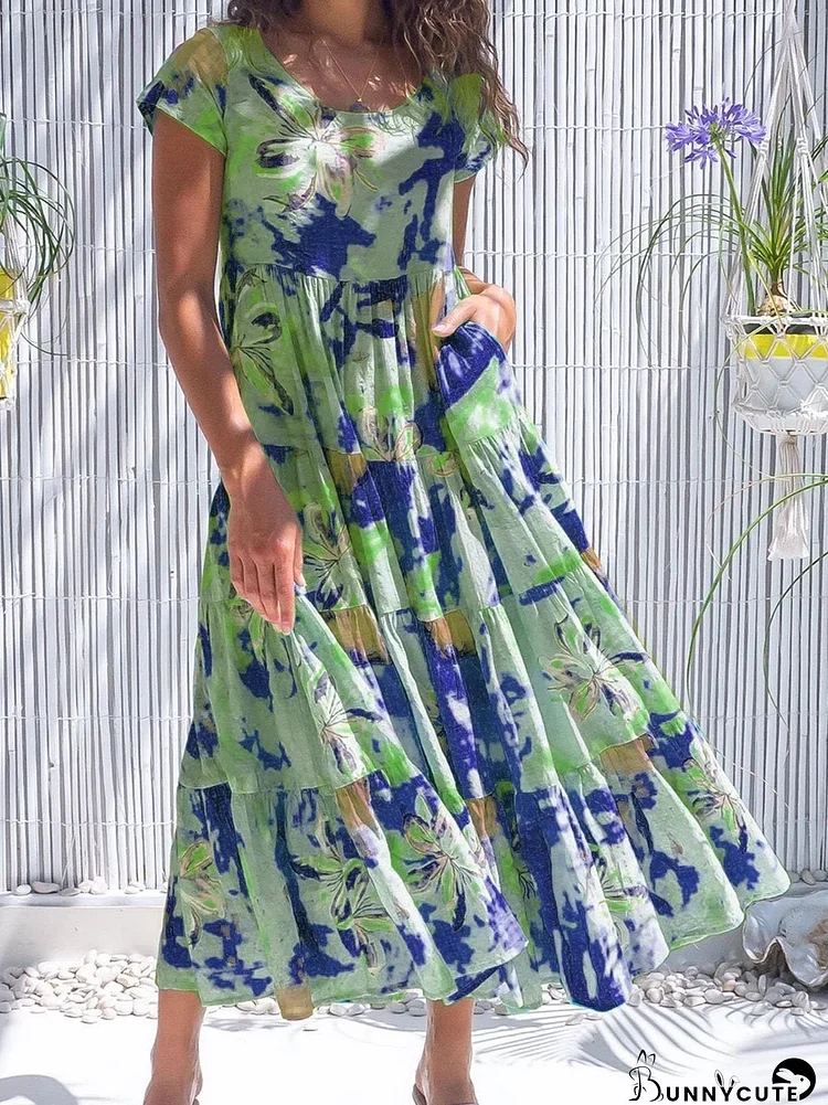 Floral Short Sleeve Round Neck Stitching High Waist Dress for Women