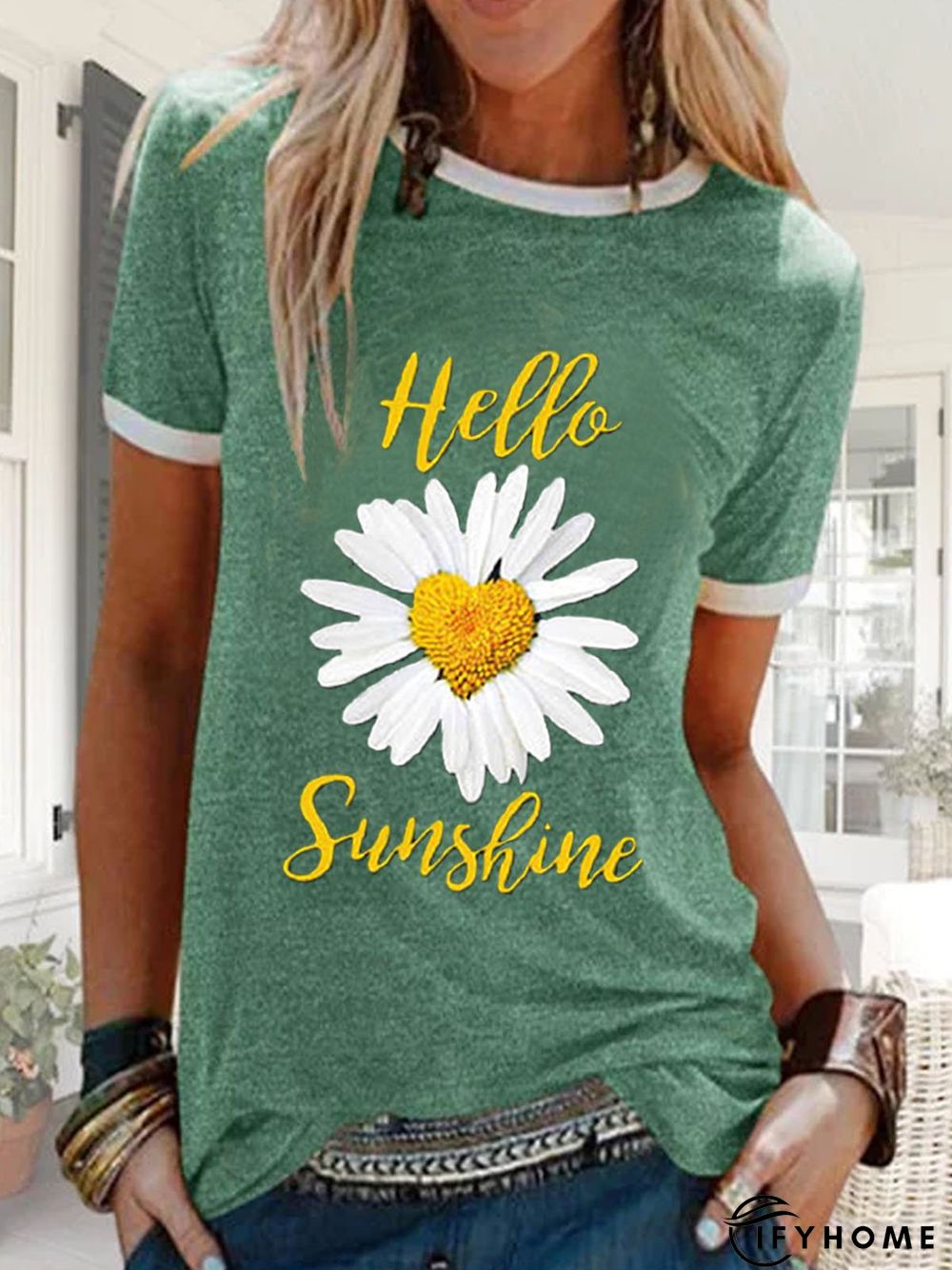 Green Cotton Round Neck Printed Casual T-shirt | IFYHOME