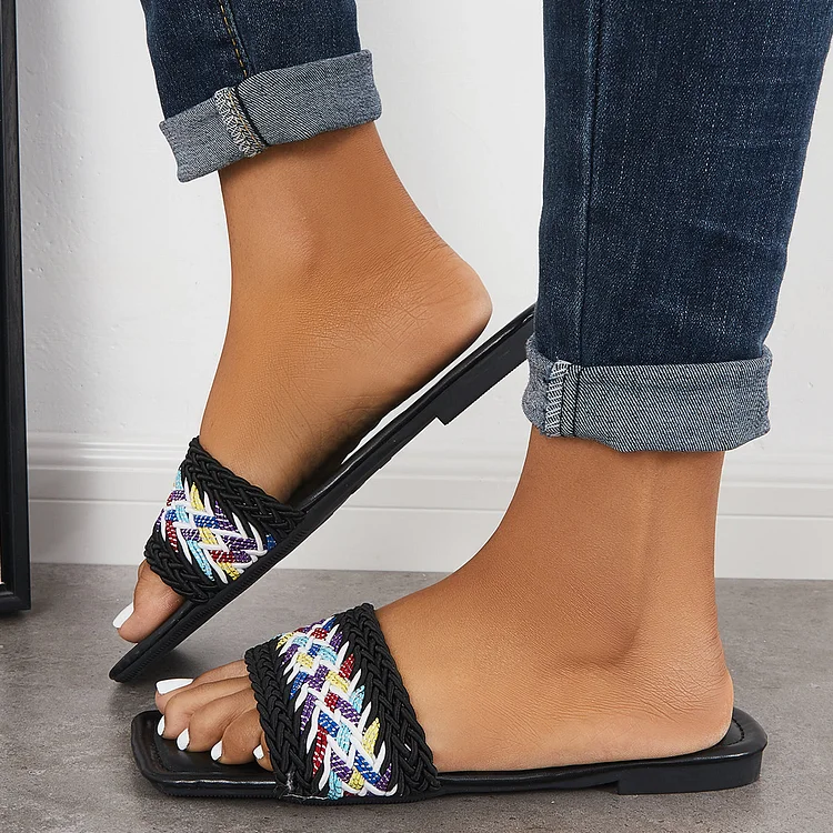 Square Toe Braided Bands Slippers Flat Slide Sandals