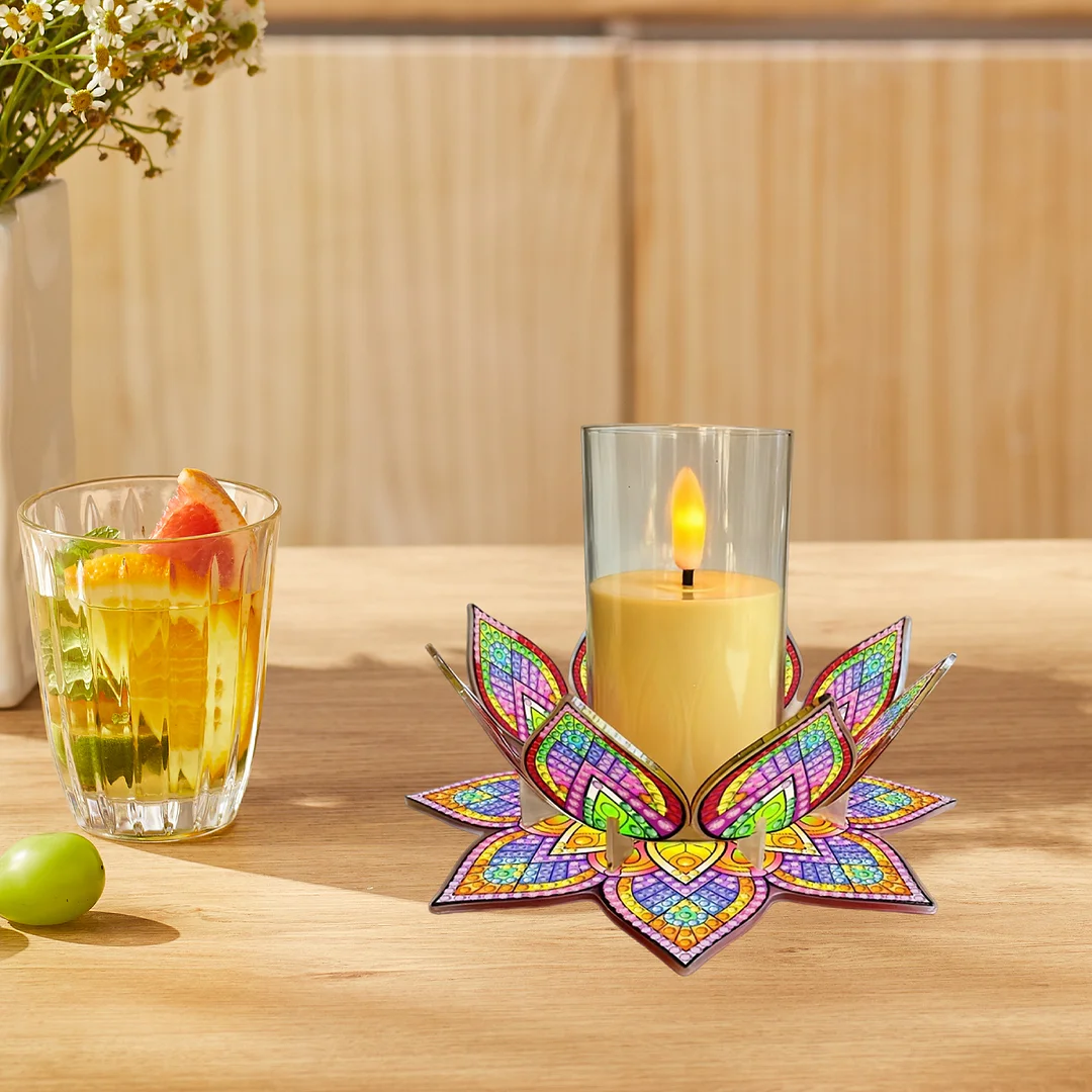 Mandala Lotus-A Acrylic DIY Diamond Painting Candle Holders Without Candles Crystal Painting Tealight Candle Stand Table Centerpiece for Adults Beginners Home Party Decor