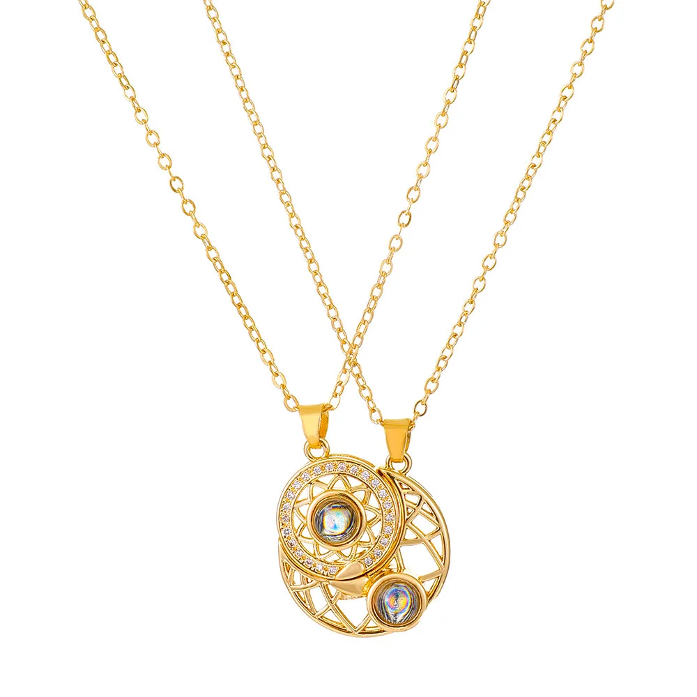 Sun and Moon Magnetic Couple's Gold-Plated Necklace Projecting “I Love You” in a Hundred Languages