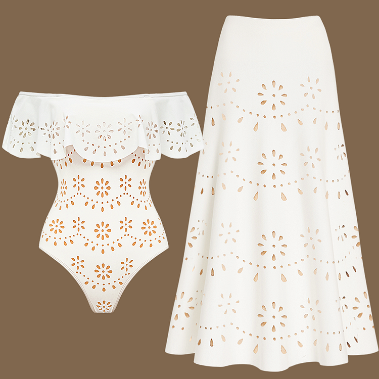 Three Pieces Set Hollow Out One Piece Swimsuit and Skirt