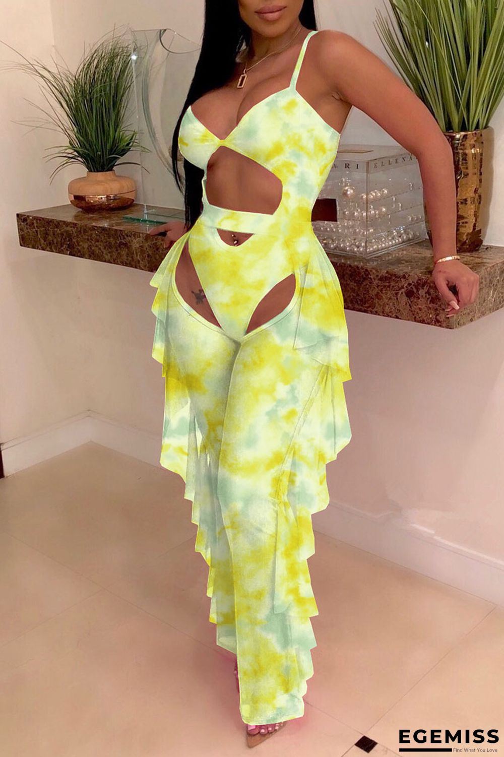 Yellow Fashion Sexy Print Hollowed Out Backless Swimwears Set | EGEMISS