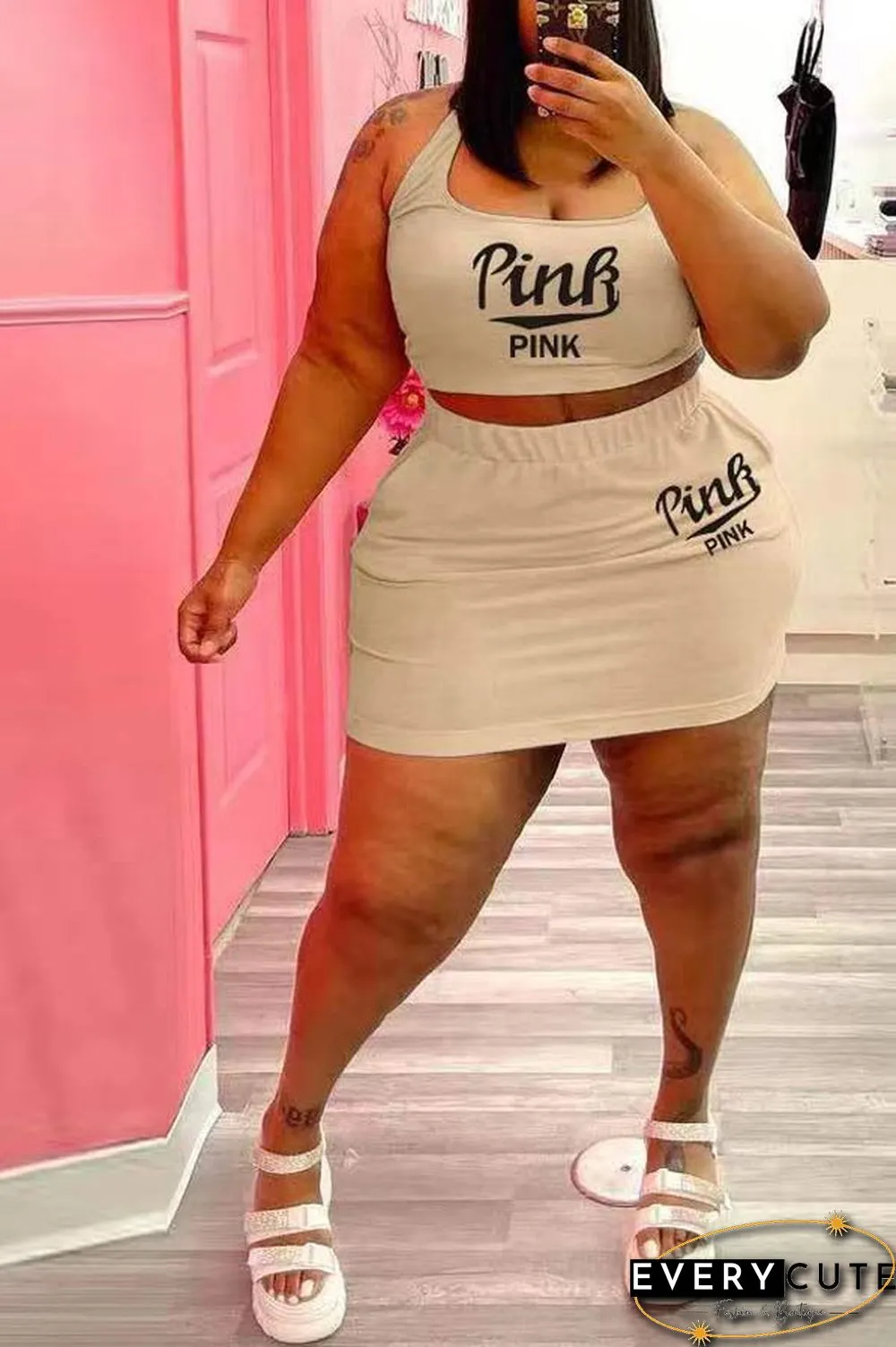 Fashion Plus Size Print Vest Skirt Set
