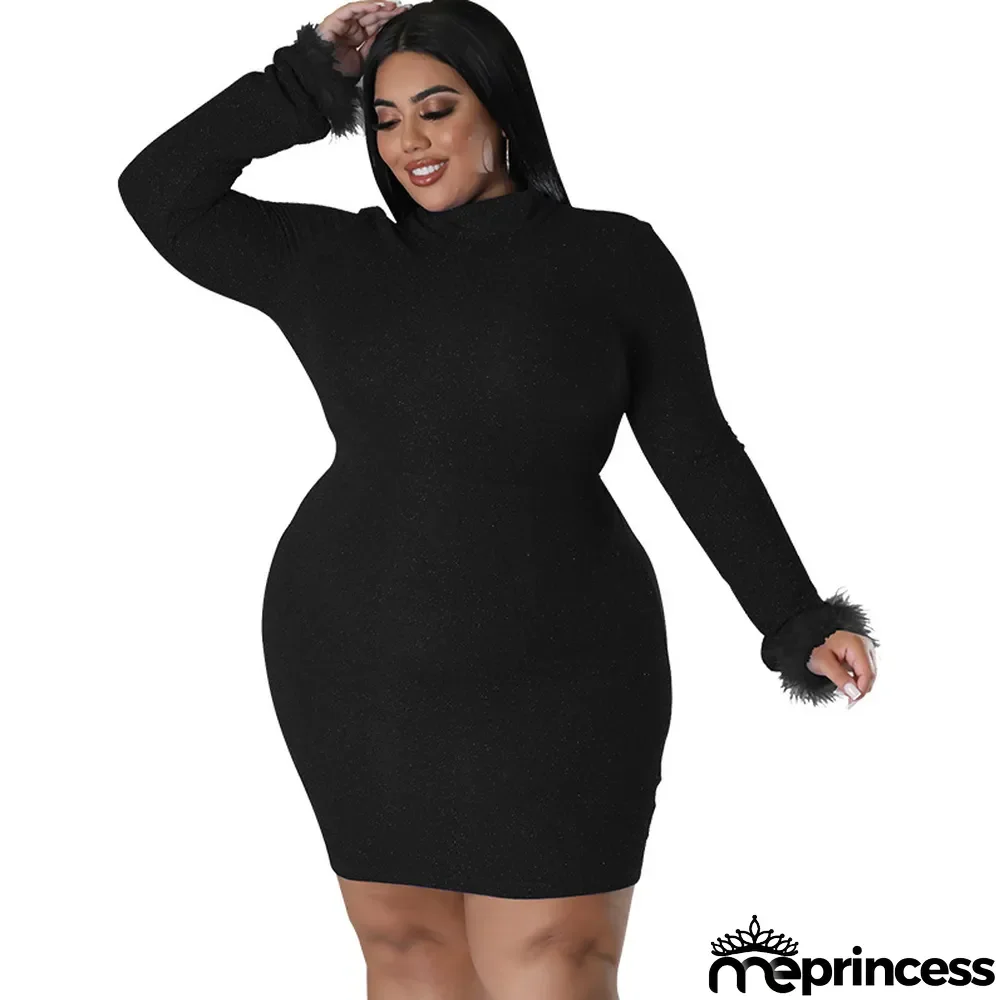 Plus Size Women'S Long Sleeve Round Neck Fur Long Sleeve Backless Bodycon Dress