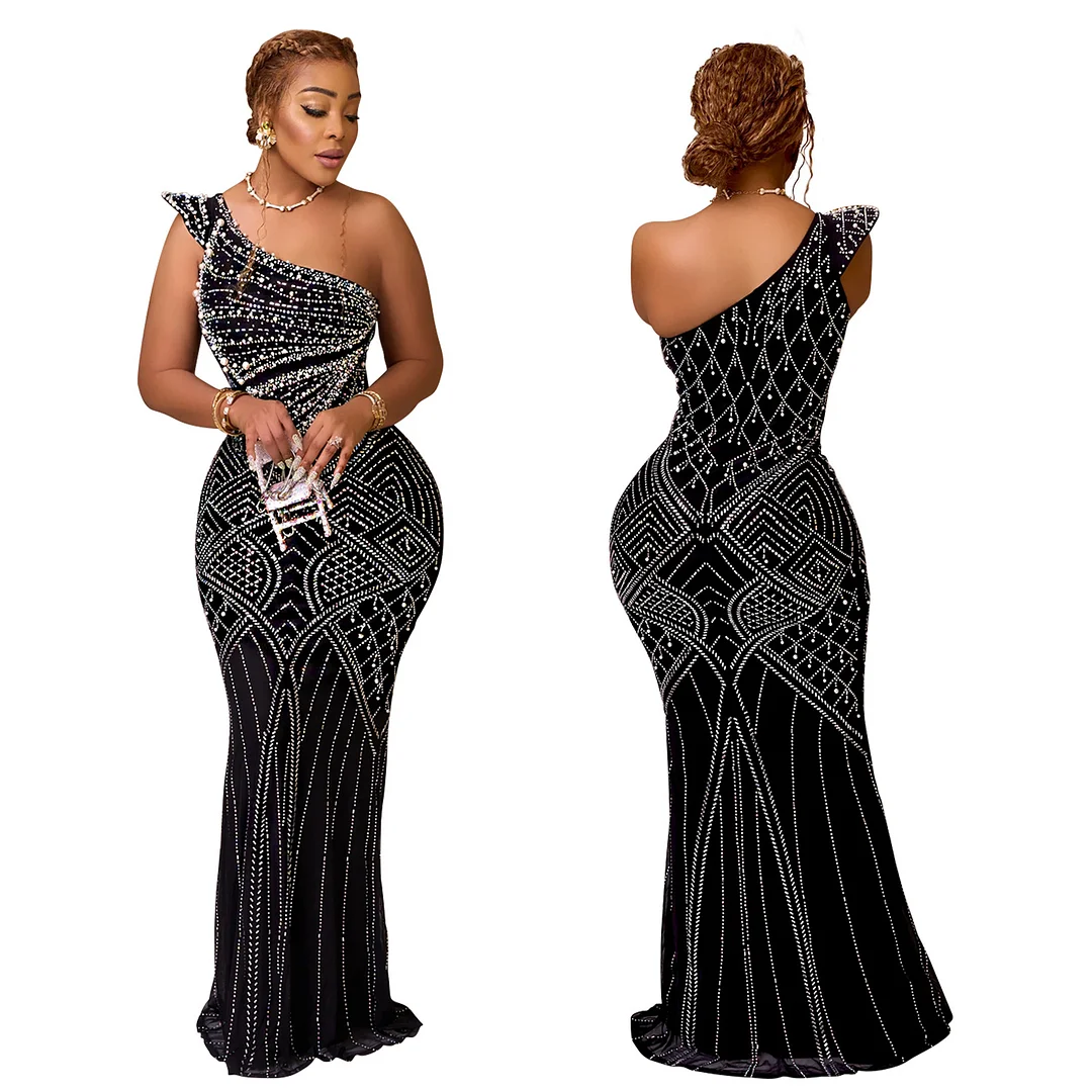 Churchf Churchf Fashion Women's Wear Solid Color Hot Diamond Diagonal Collar Long Skirt Dress