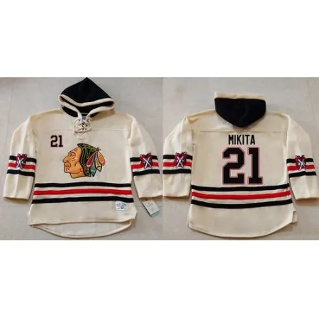 Blackhawks #21 Stan Mikita Cream Heavyweight Pullover Hoodie Stitched NHL Jersey