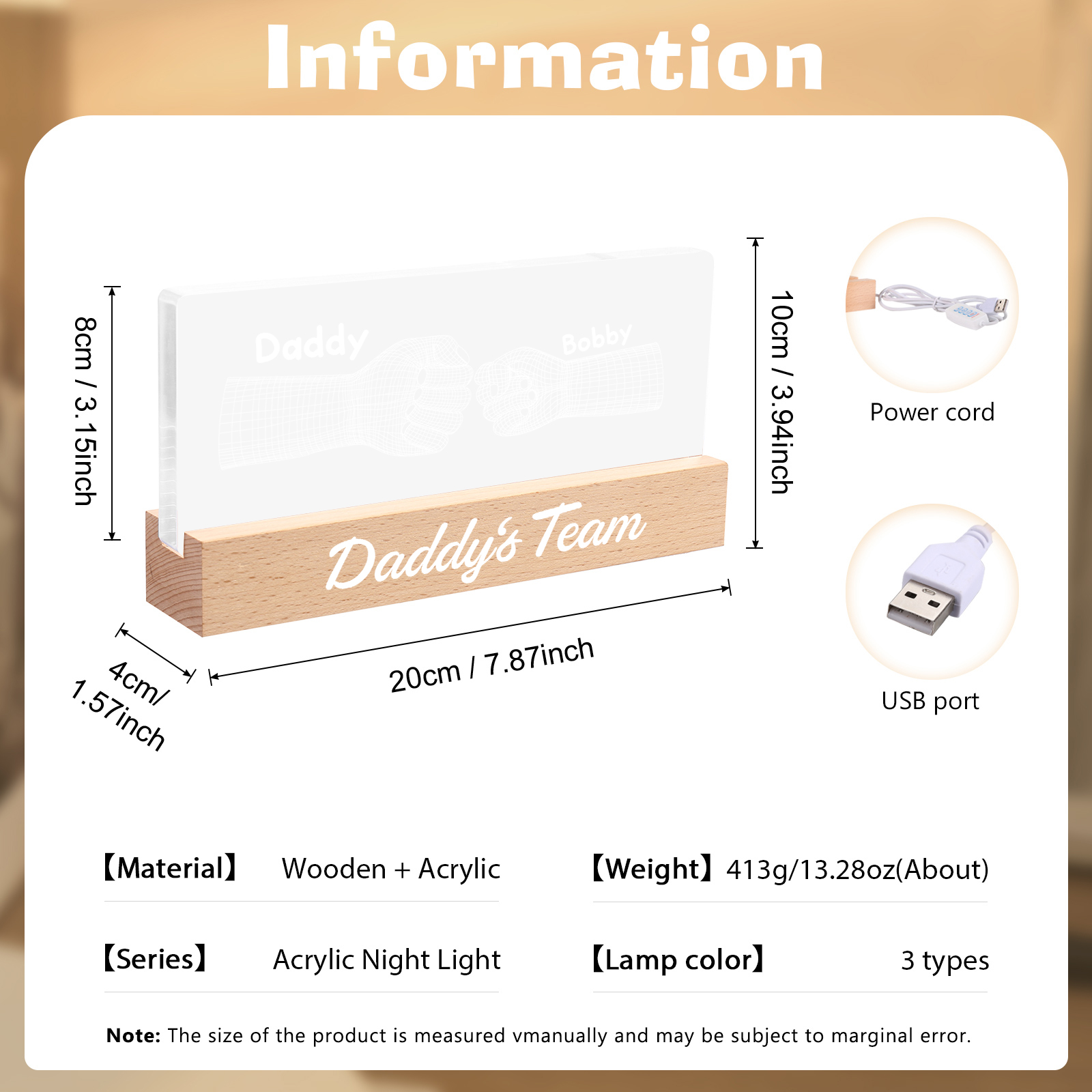 2 Names Personalised Fist Bump Pattern Night Light Custom Text LED Light Father's Day Gift for Dad