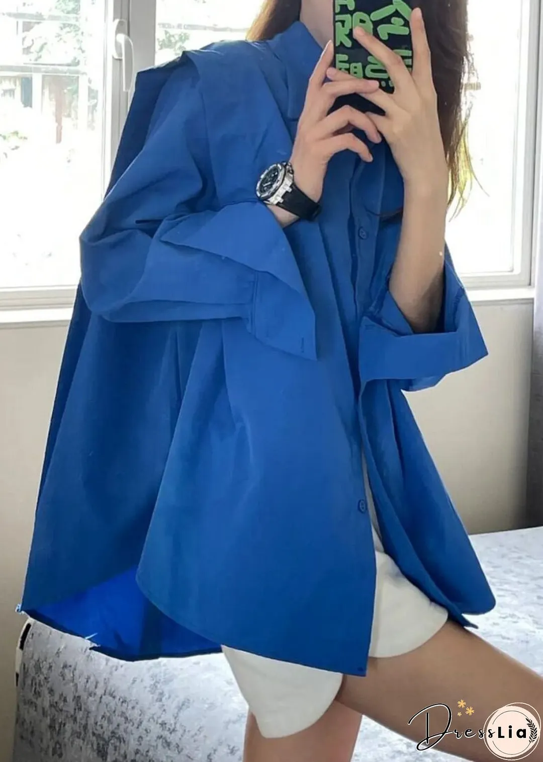 Loose Blue Peter Pan Collar Button Patchwork Cotton Shirt Top Long Sleeve