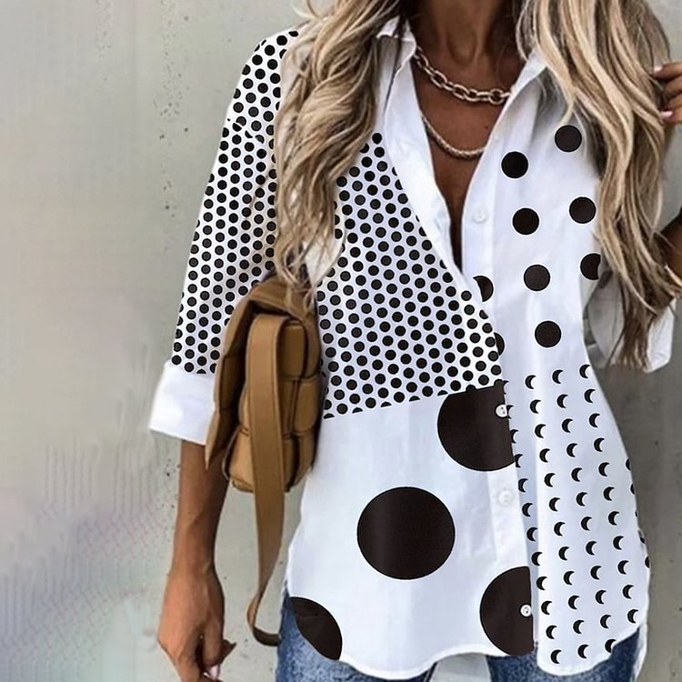 Comstylish Women's Polka Dots Color Block Shirt Collar Blouse
