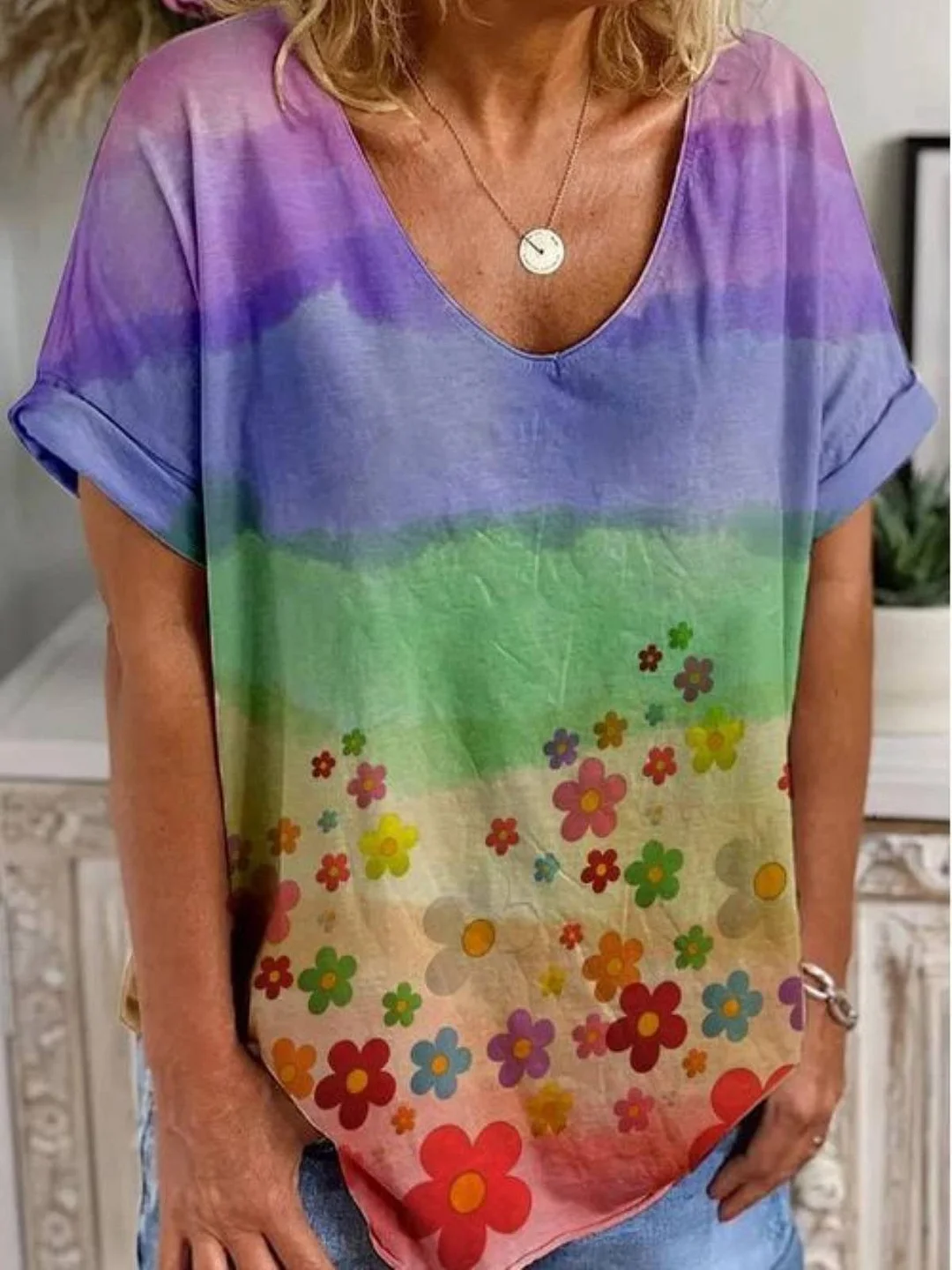 Ombre/tie-Dye Casual Floral-Print Shirts & Tops