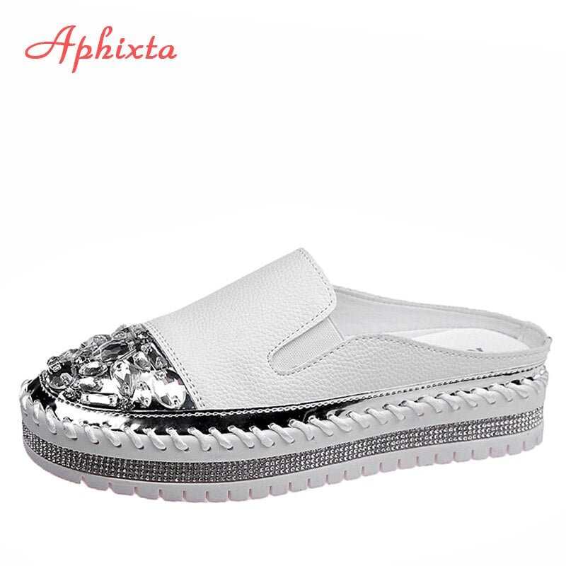 Aphixta 2020 Luxury Crystals Half Slides Women Bling Rubber Diamond Women Shoes Hand Stitching Platform Slippers For Women
