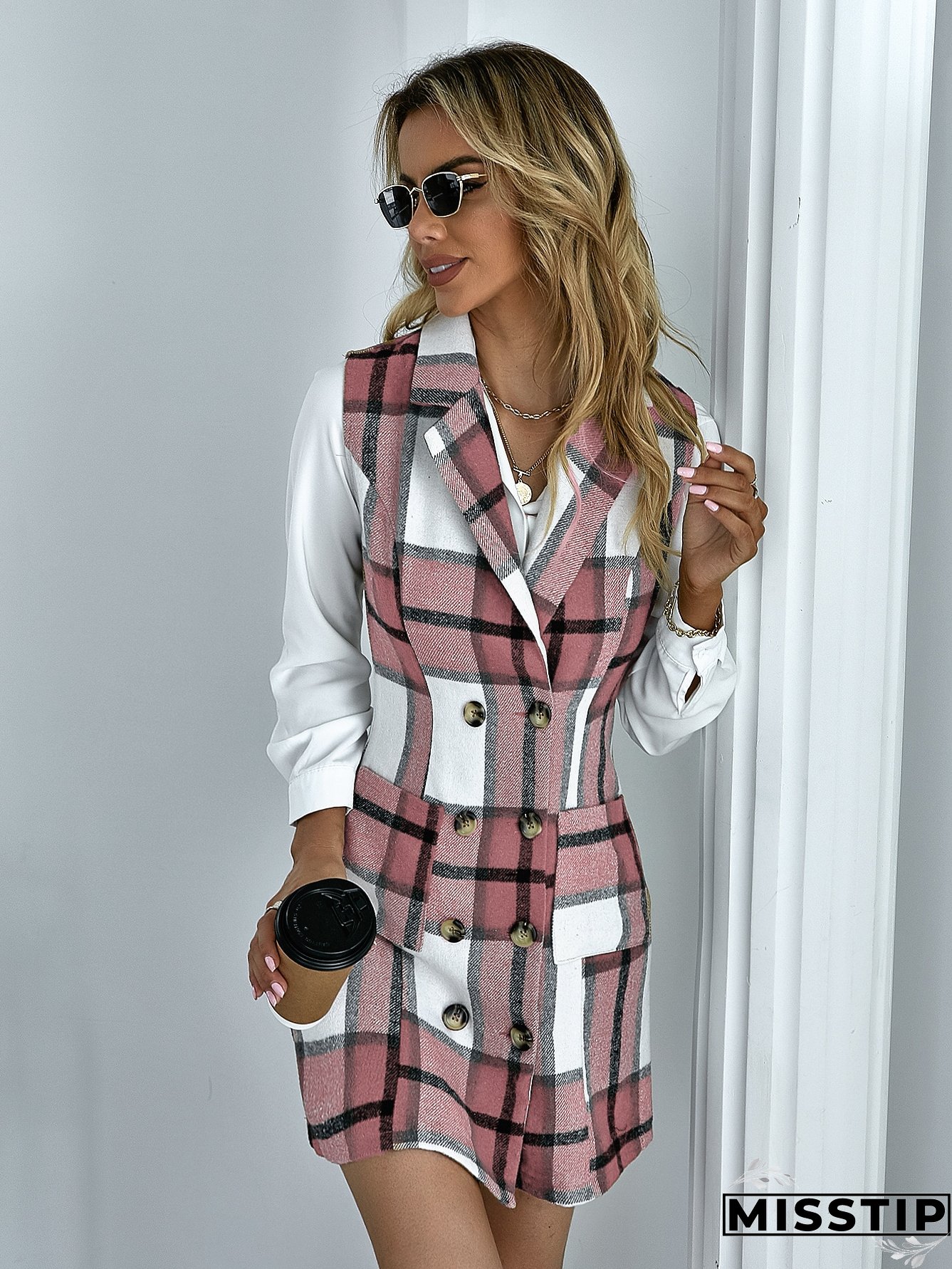 Women's Fashion Plaid Long Vest Turndown Collar Sleeveless Blazer