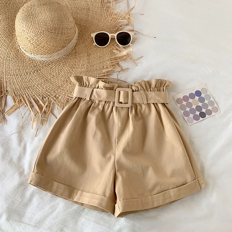 Women Casual High Waist Loose Cotton Short Pants 2022 Summer Elegant Sweet Girls All-Match Wide Leg Shorts With Belt Korean