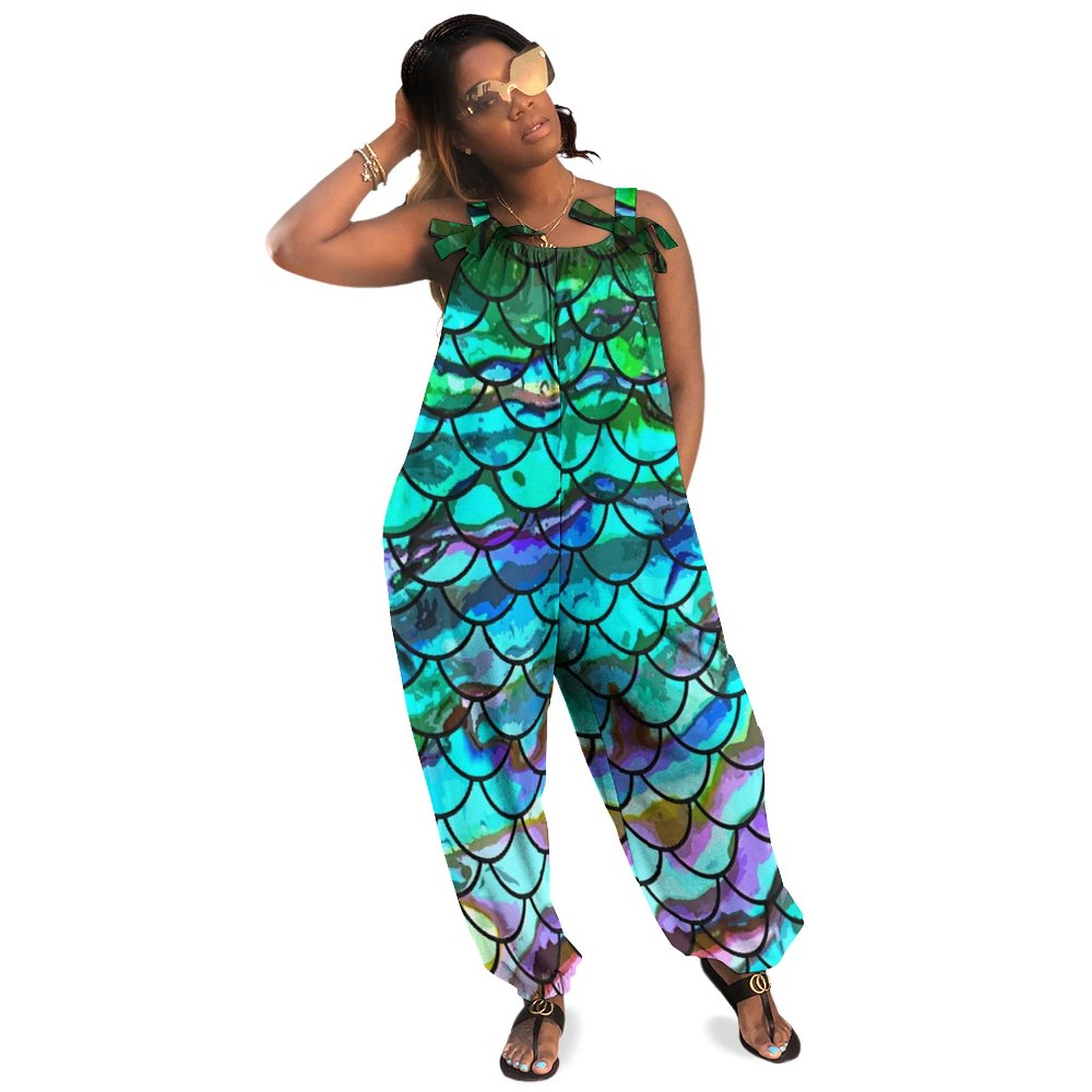 Women Plus Size Jumpsuit Summer Loose Harem Pants Mermaid Scale Print Loose Baggy Jumpsuit Athletic Romper Plus Size Rompers For Summer Casual Long Length Pockets