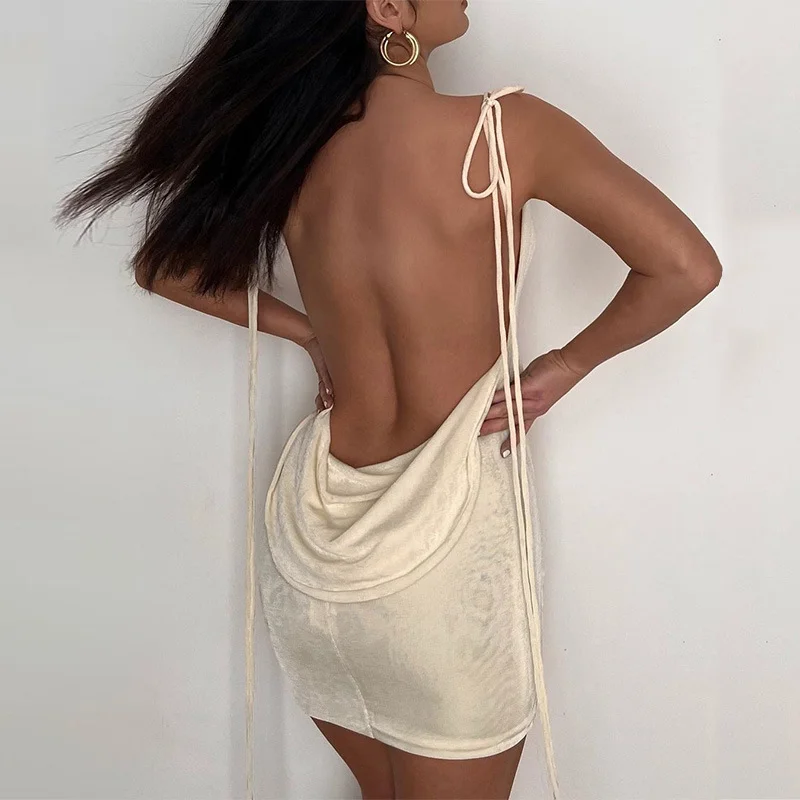 Sleeveless Swinging Collar Backless Slips Bandage Mini Prom Dress Summer Women Elegant Outfit Vacation Birthday Party