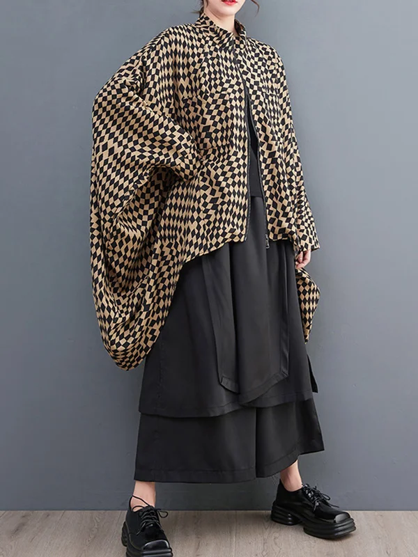 High-Low Loose Plaid Zipper Stand Collar Outerwear