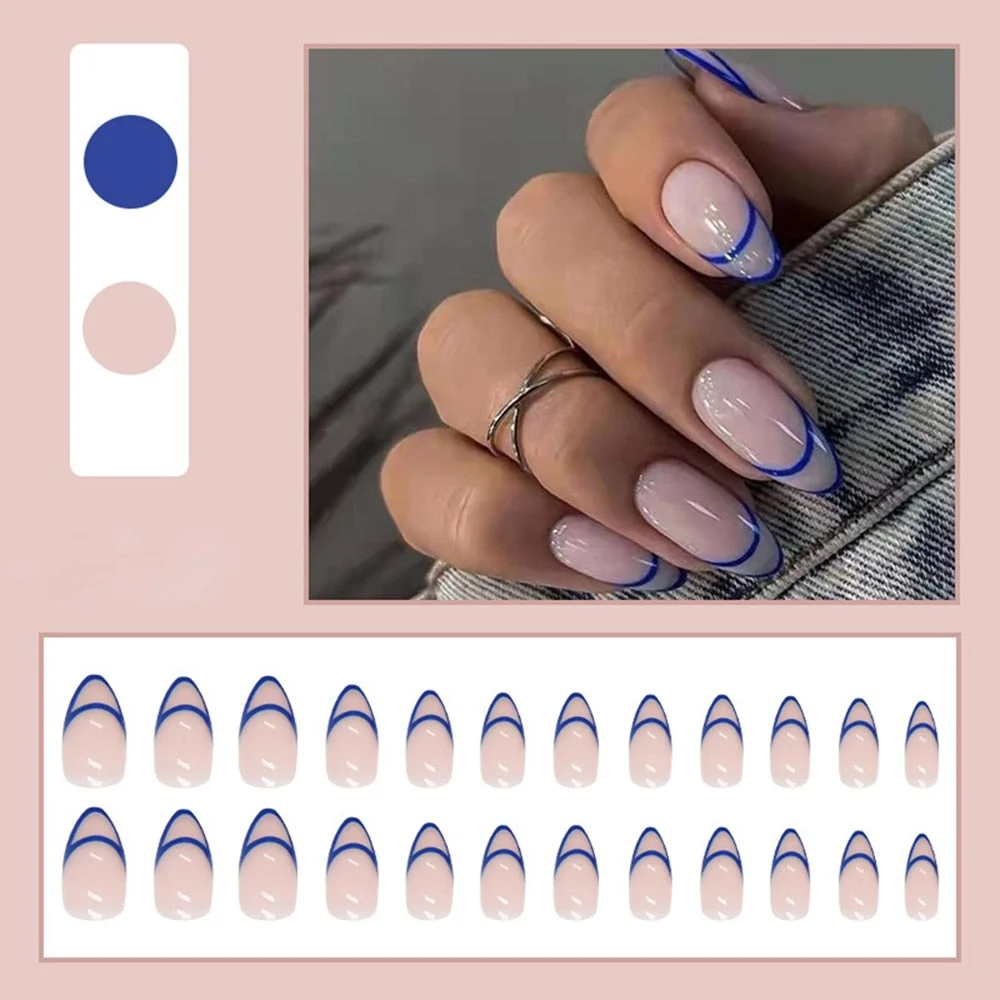 False Nails with Blue water drop design Detachable middle Long Ellipse False Nails Wearable Full Cover Nail Tips Press On Nails