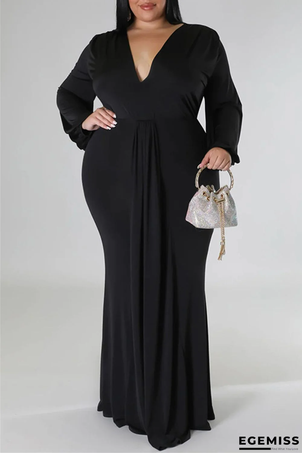 Black Casual Solid Patchwork V Neck Long Sleeve Plus Size Dresses | EGEMISS