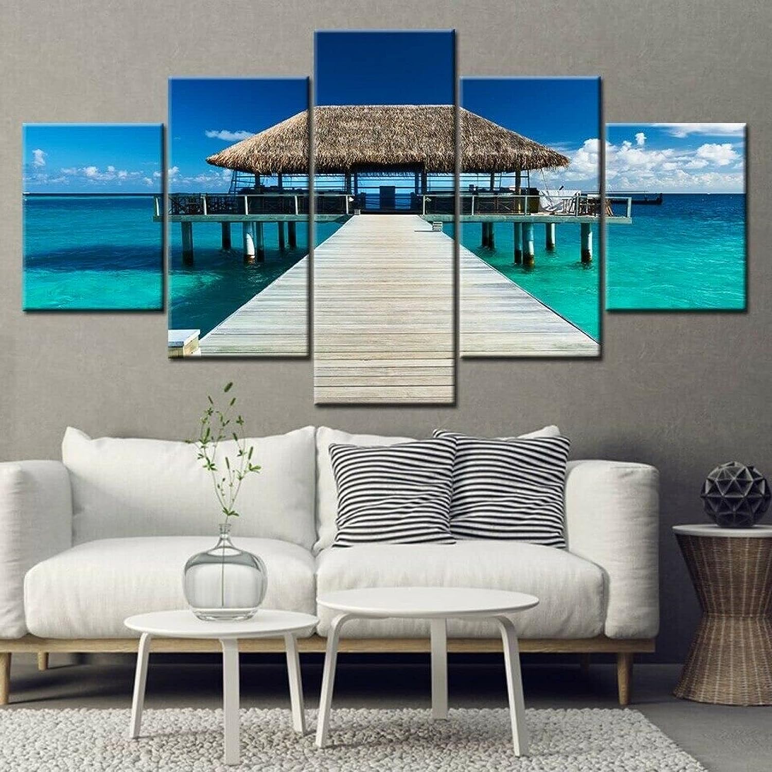 MIJIE- Wall Decor Large 5 Pieces Canvas Wall Art- Beach Holiday Cottage Landscape Wall Art Poster -Canvas Print Painting Picture for Living Room Bedroom Office Christmas Decor Framed Ready to Hang