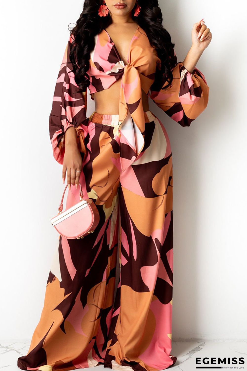 Yellow Brown Sweet Print Patchwork Knotted V Neck Long Sleeve Two Pieces | EGEMISS