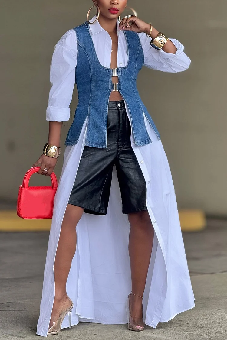 Plus Size Business Casual Blue Casual Split Denim Vest [Pre-Order]