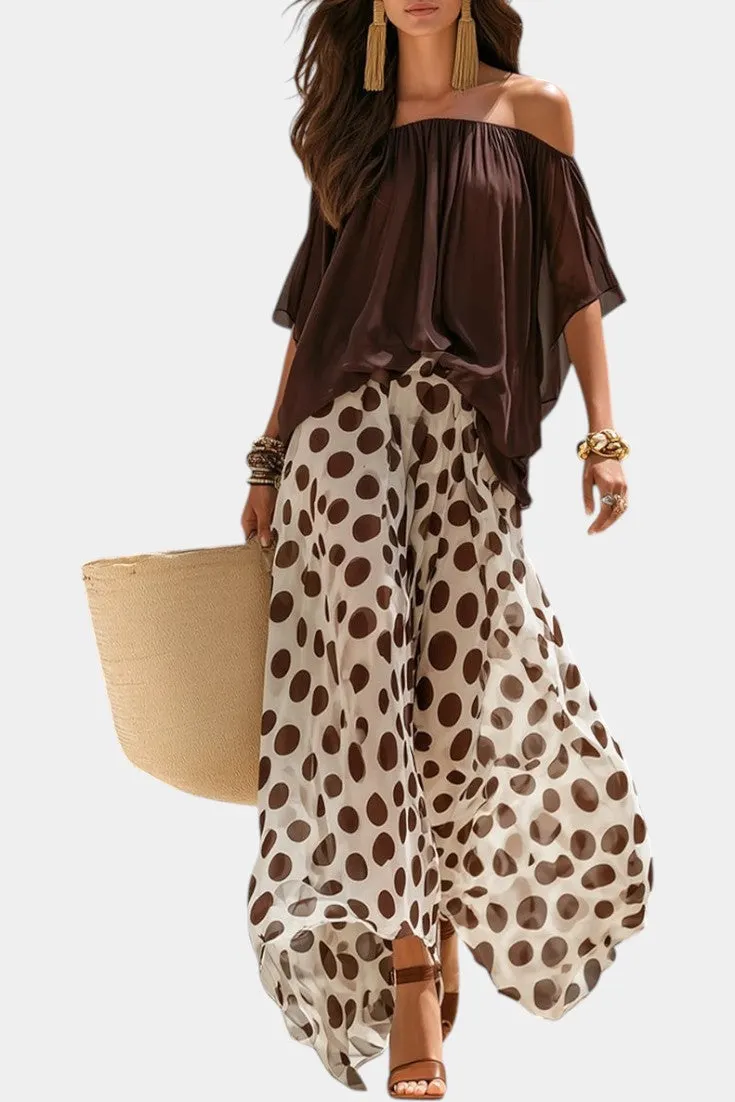 Off-Shoulder Draped Top with Polka Dot Wide-Leg Pants Set