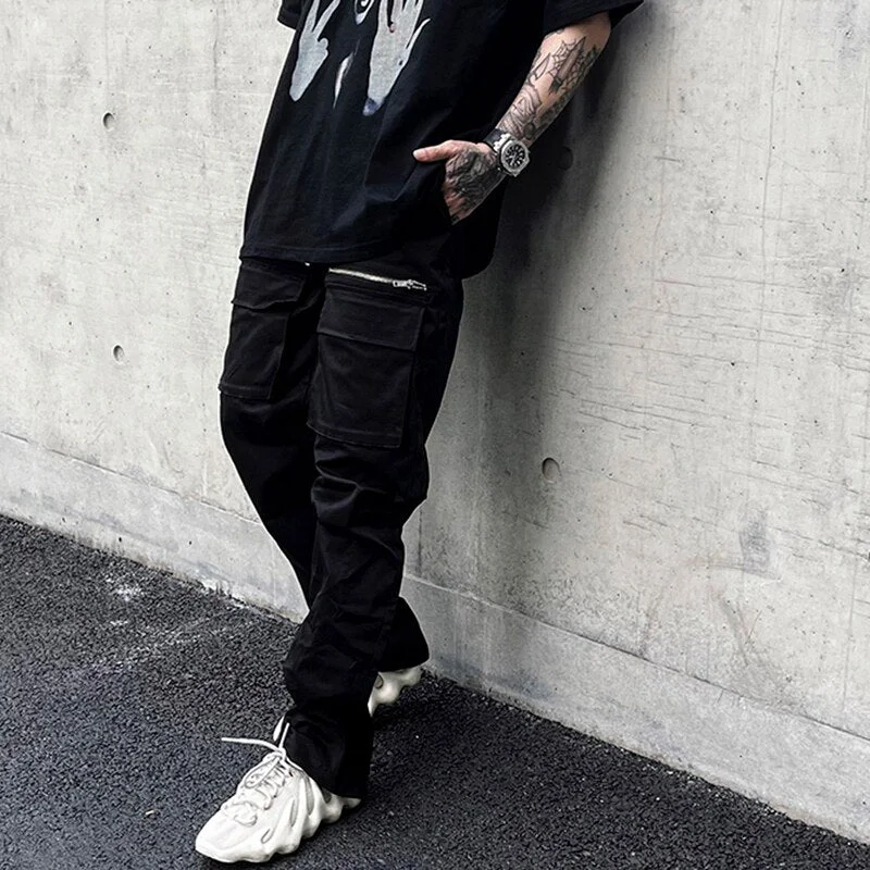 Back Ankle Zipper Pockets Cargo Pants for Mens High Street Drawstring Straight Black Overalls Oversize Loose Casual Trousers