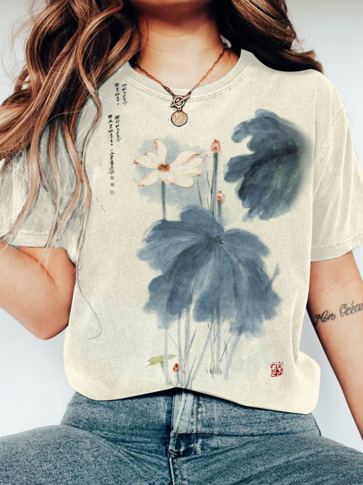 Comstylish Japanese Retro Orchid Ink Wash Painting Art Linen Casual Cotton T-Shirt