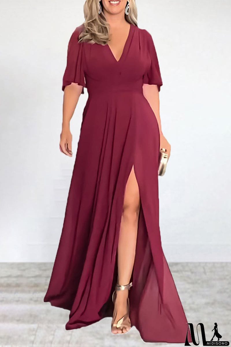 MidiSono - Elegant Solid Slit V Neck A Line Dresses