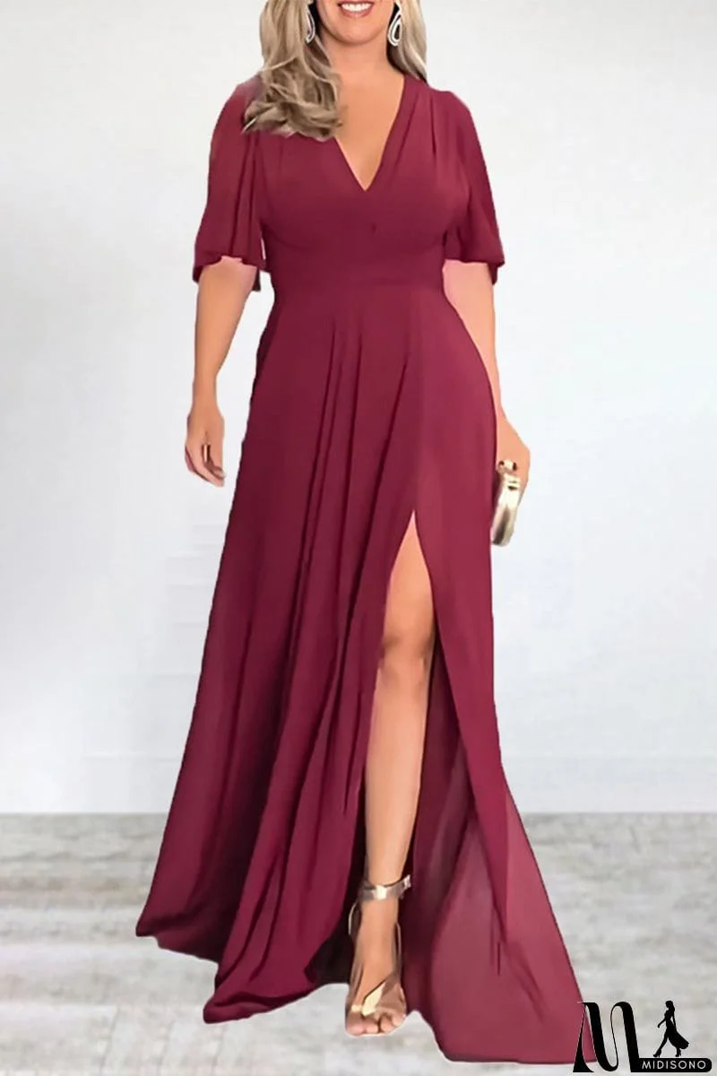 MidiSono - Elegant Solid Slit V Neck A Line Dresses