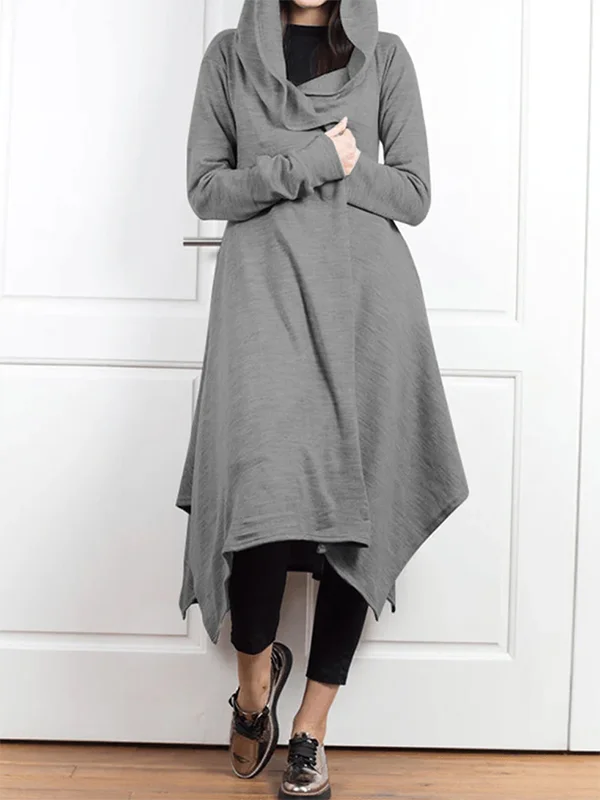 Irregular Clipping Long Sleeves Solid Color Hooded Outerwear