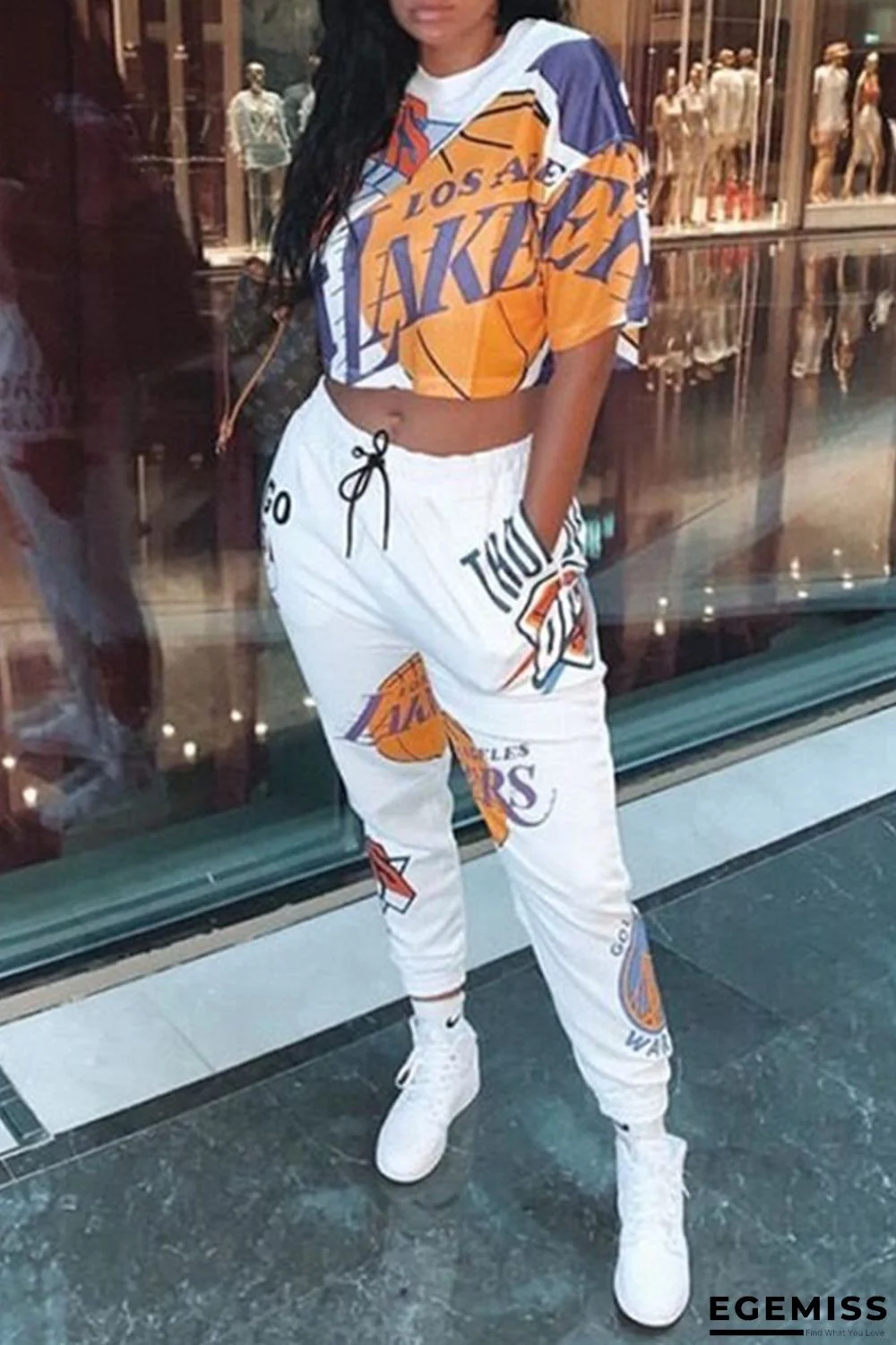 White Fashion Casual Print Basic O Neck Short Sleeve Two Pieces | EGEMISS