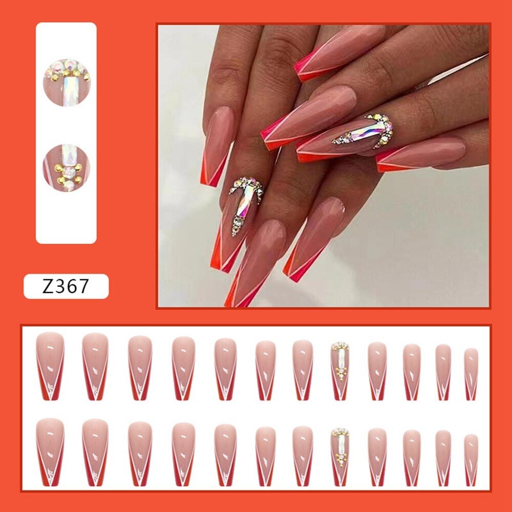 Agreedl Long Ballerina Fake Nails Aurora Square Diamond Two-color Edge Orange Red Color Matching Manicure Tool French False Nails