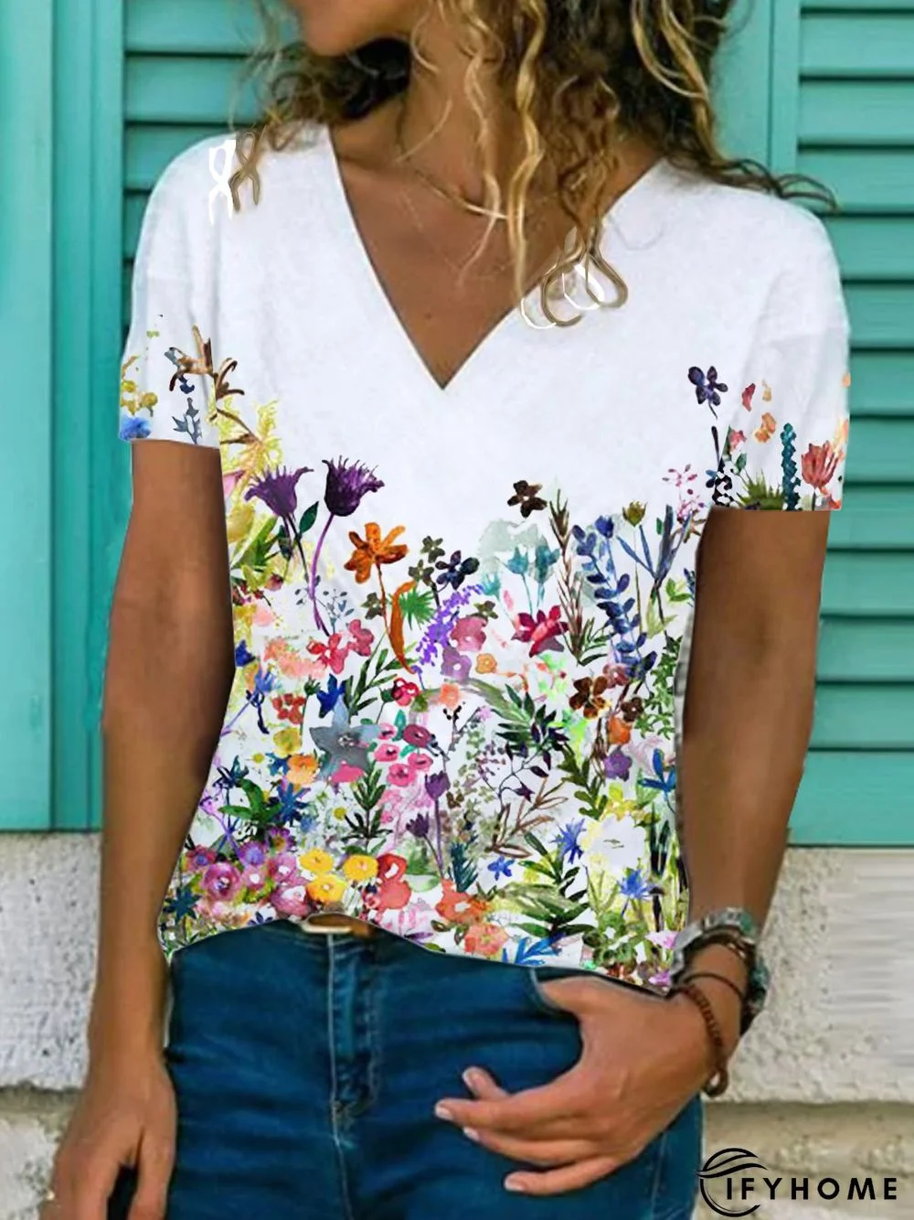 Floral Short Sleeve Printed Cotton-blend V neck Casual Summer White Top | IFYHOME