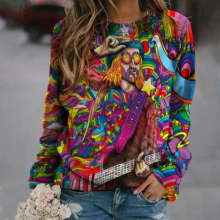 Hippie Music Print Casual Sweatshirt