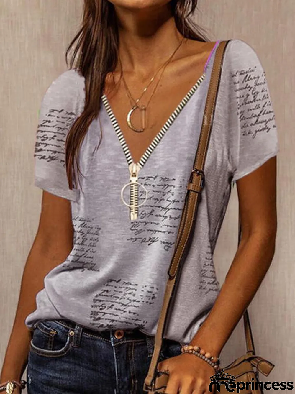 Women Short Sleeve V-neck Printed Zipper Top