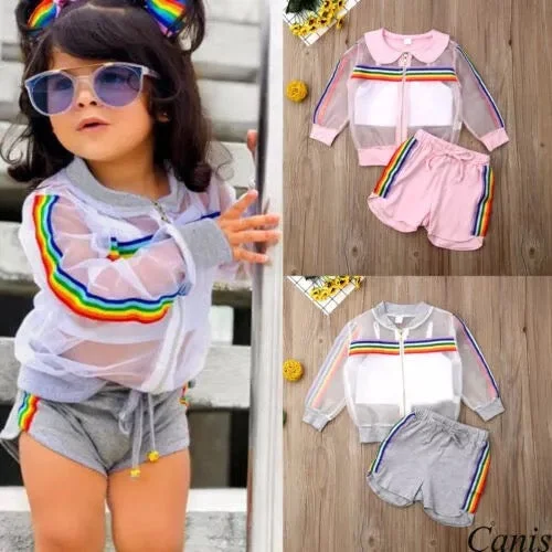 Summer Striped Girls Colorful Mesh Coat Outfit