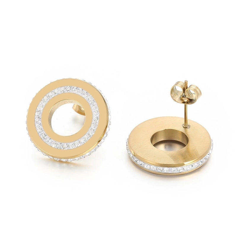 1 Pair Minimalist Round Solid Color Inlay Stainless Steel Crystal Rhinestones 18K Gold Plated Ear Studs