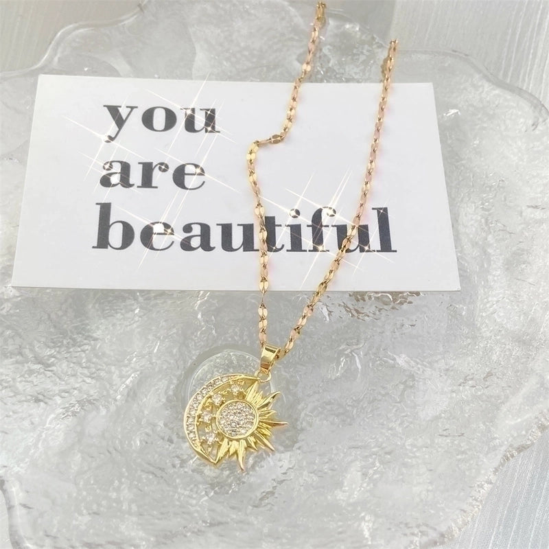 Artistic Sun Moon Stainless Steel Copper Plating Inlay Zircon Pendant Necklace
