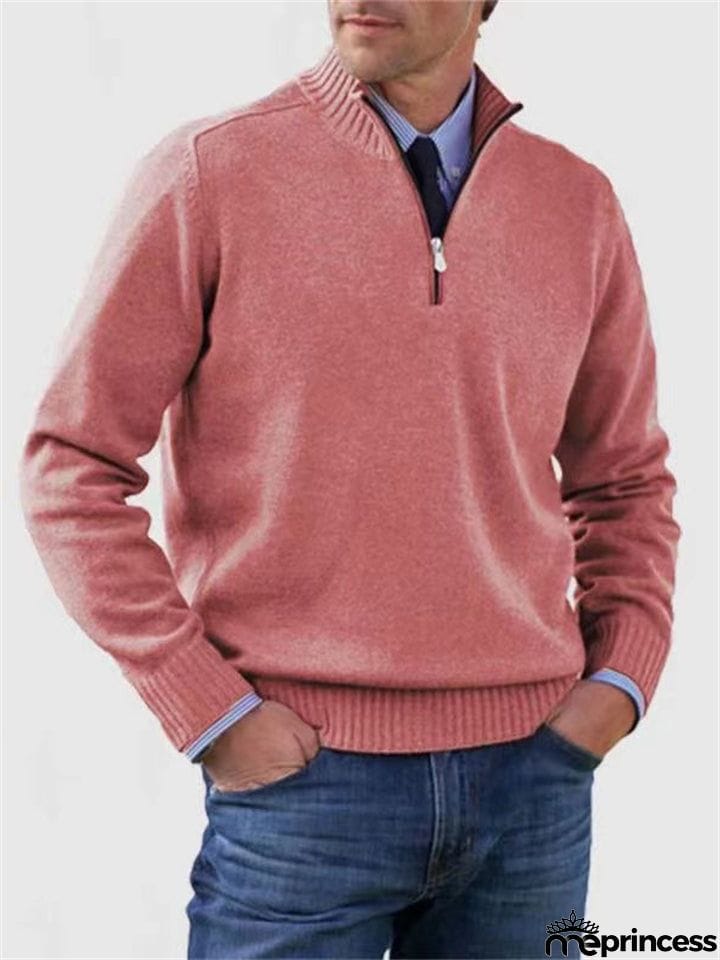 Men's Fall V Neck Half Zip Warm Knit Sweater