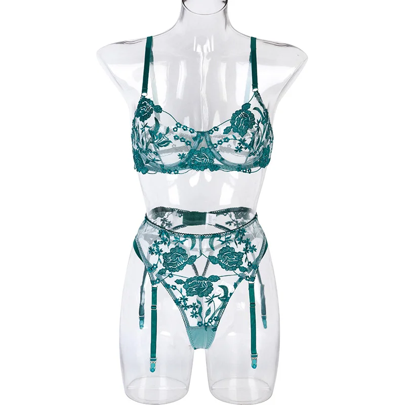 Billionm Women Sexy Lingerie Sex Sensual Bra and Panty 3 Pieces Set with Garter Belt Neon Color Lace Underwear Floral Embroidery Lingerie