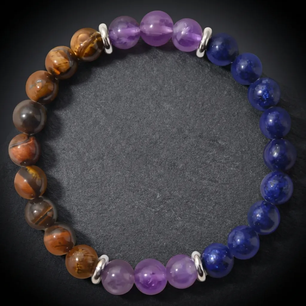 JiStones Triple Harmony Protection Bracelet | Amethyst, Tiger Eye & Lapis Lazuli L0465 &bull; Harmony Edition (Includes Meaning Card)
